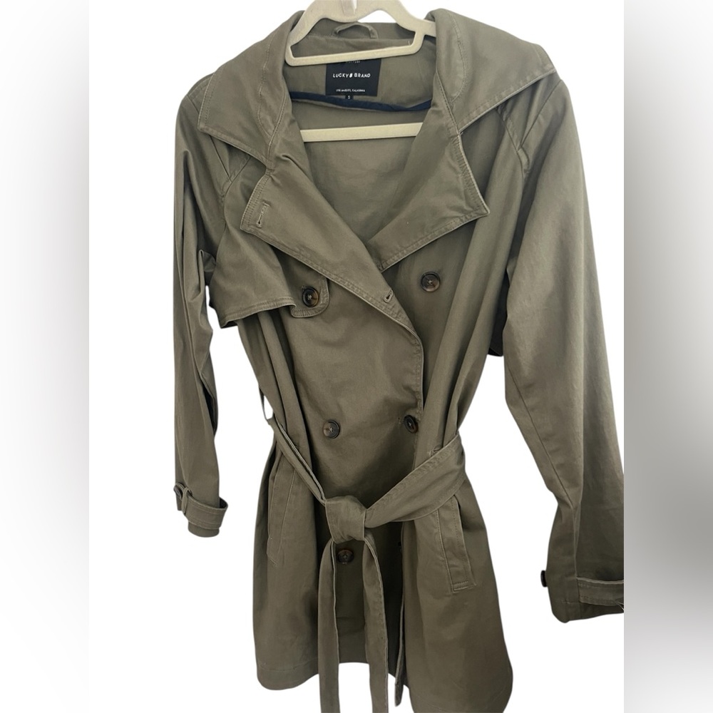 Lucky Brand Army Green Military Style Trench Coat with High Collar.